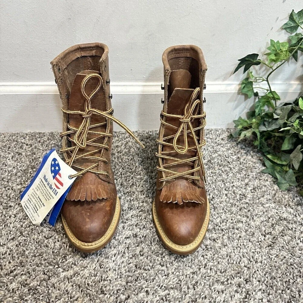 DD Tuff Handcrafted PACKER Leather Roper Kiltie Lace up Western Boots USA 6M New - Picture 9 of 9